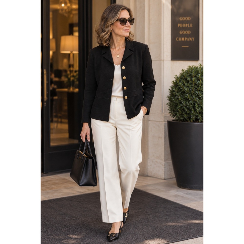 St. John Collection Santana Knit Blazer Jacket Black Gold Buttons Approx Size 10